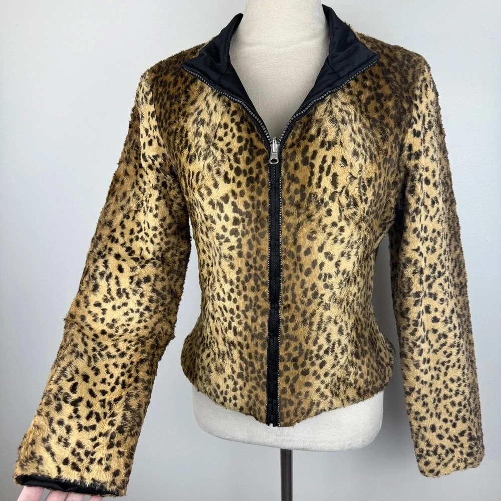 Y2K Leopard Print Faux Fur Rhinestone Zip Up Jacket Mock Neck Brown Black Small